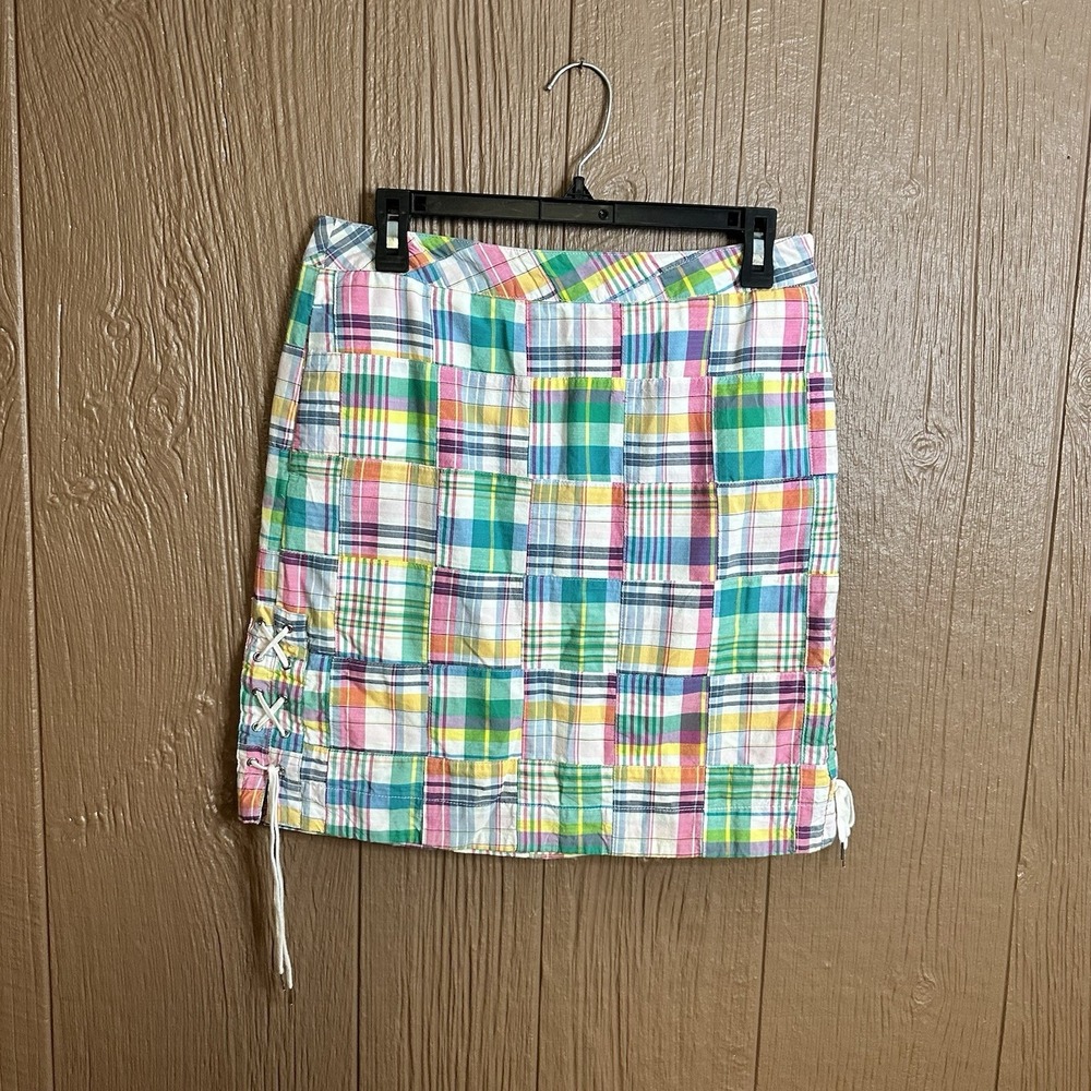 Talbots‎ Madras Plaid Patchwork Skirt Lace Sides Preppy Y2K School Girl 4 Petite